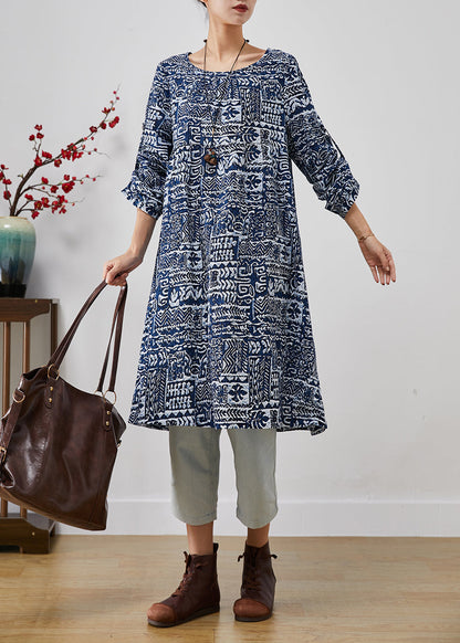 Navy Oversized Print Linen Dress Fall