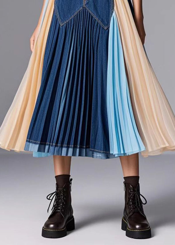 Navy Patchwork Exra Large Hem Denim Skirts Fall