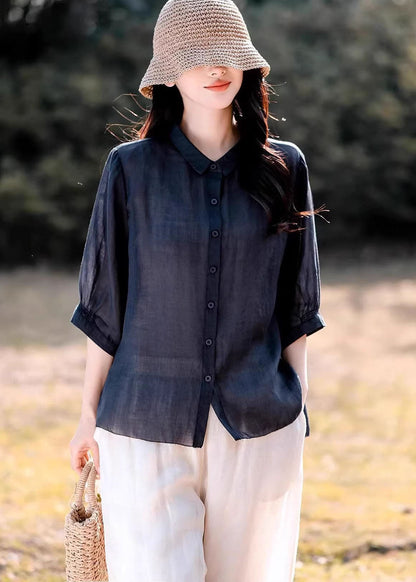 Navy Peter Pan Collar Button Linen Blouse Top Summer