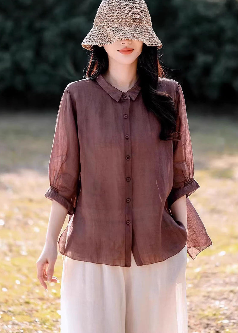 Navy Peter Pan Collar Button Linen Blouse Top Summer