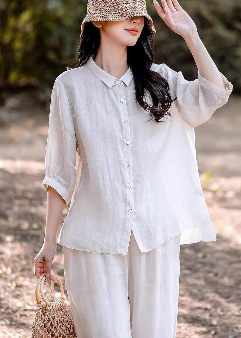Navy Peter Pan Collar Button Linen Blouse Top Summer