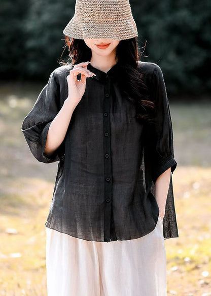 Navy Peter Pan Collar Button Linen Blouse Top Summer