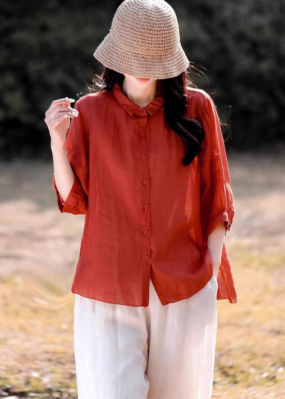 Navy Peter Pan Collar Button Linen Blouse Top Summer