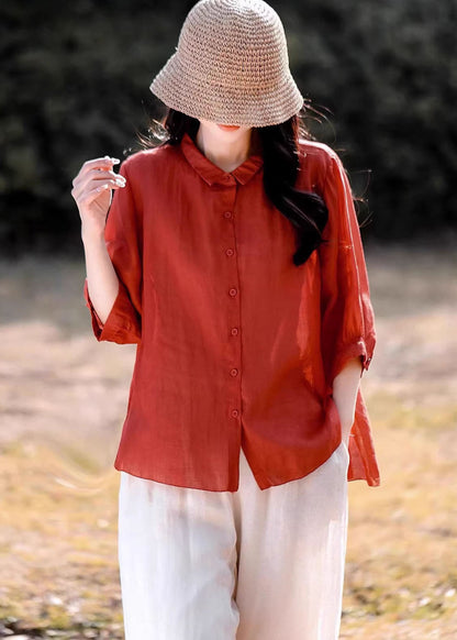 Navy Peter Pan Collar Button Linen Blouse Top Summer