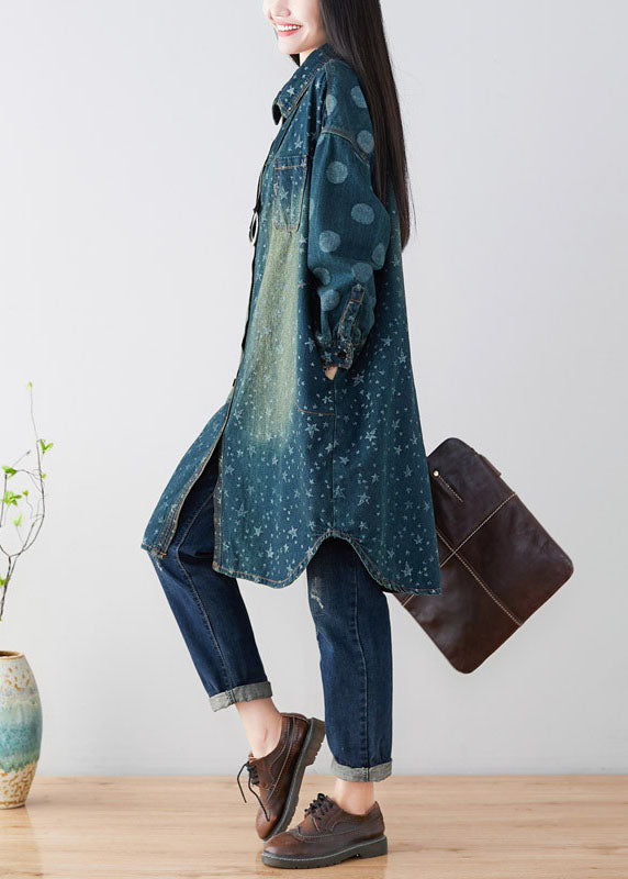 Navy Peter Pan Collar Oversized Print Cotton Trench Coats Spring