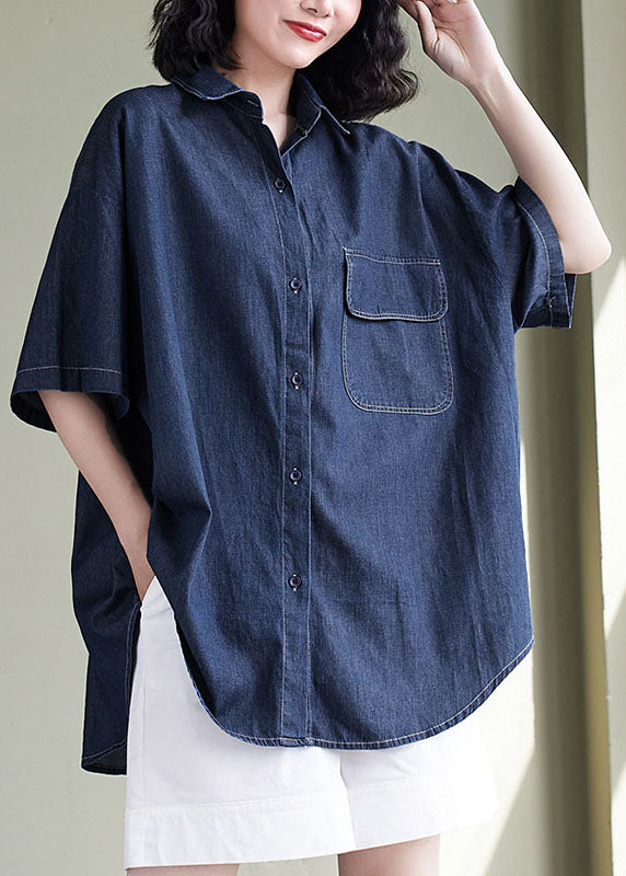 Navy Peter Pan Collar Patchwork Denim Shirt Top Summer