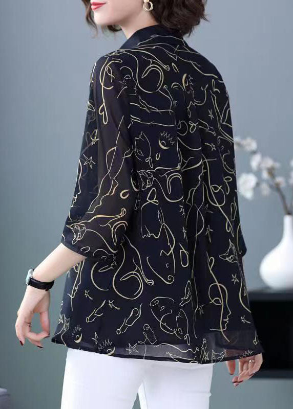 Navy Peter Pan Collar Print Patchwork Chiffon Shirt Bracelet Sleeve