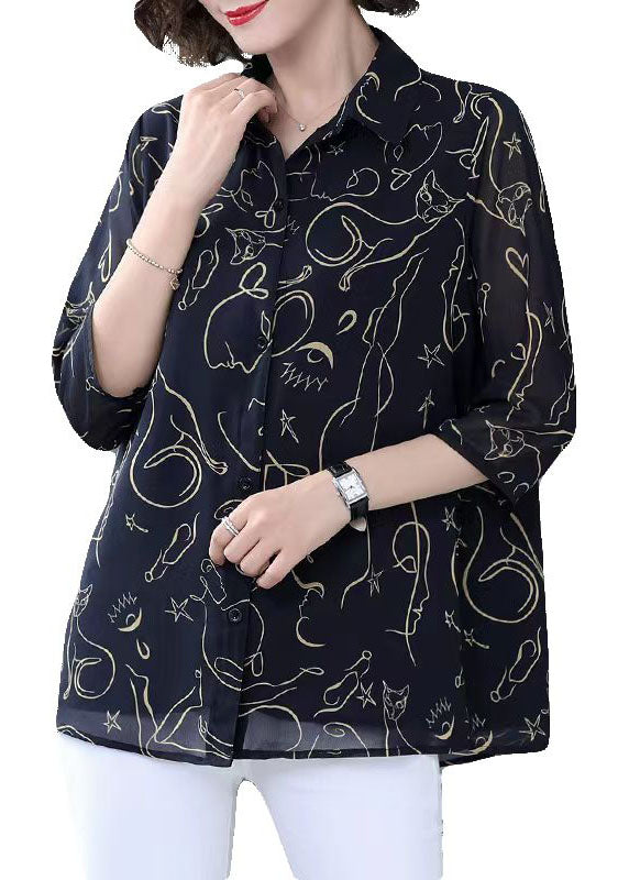 Navy Peter Pan Collar Print Patchwork Chiffon Shirt Bracelet Sleeve