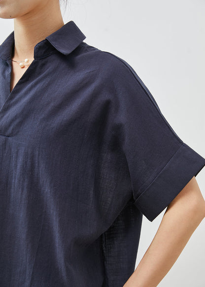 Navy Peter Pan Collar Wrinkled Cotton Blouses Summer