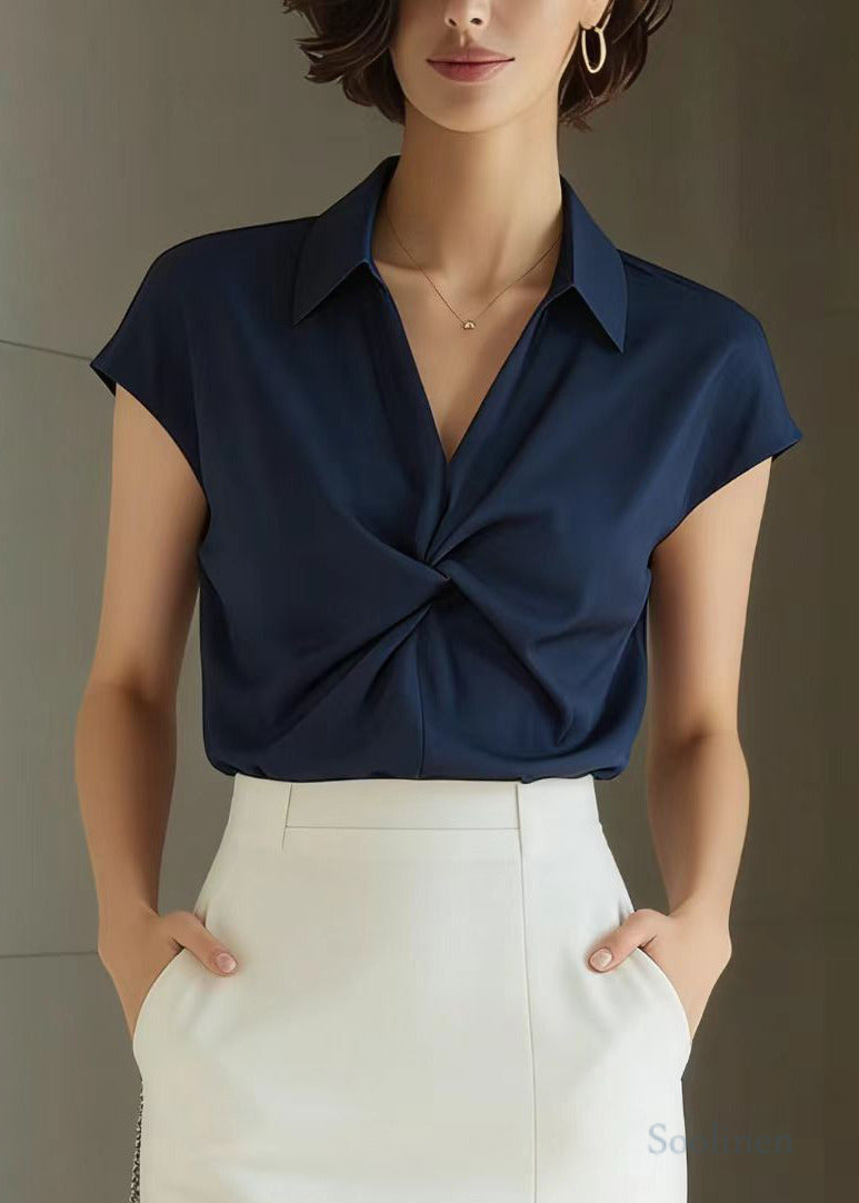 Navy Peter Pan Collar Wrinkled Spandex Shirt Summer