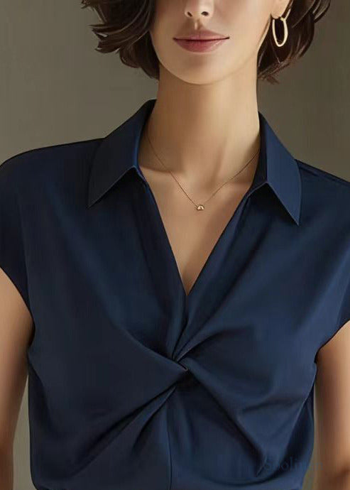 Navy Peter Pan Collar Wrinkled Spandex Shirt Summer