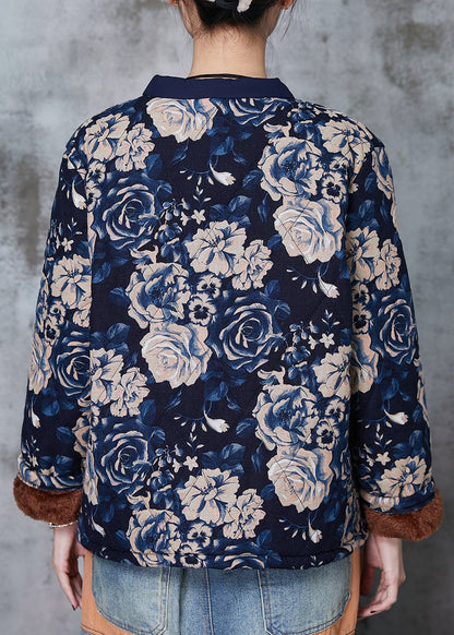 Navy Print Chinese Button Warm Fleece Coat Spring