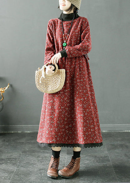 Navy Print Lace Up Patchwork Fleece Long Dress Winter