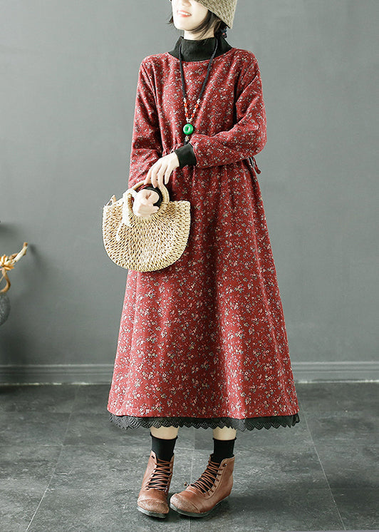 Navy Print Lace Up Patchwork Fleece Long Dress Winter