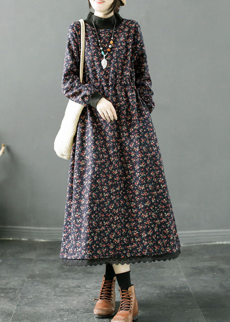 Navy Print Lace Up Patchwork Fleece Long Dress Winter