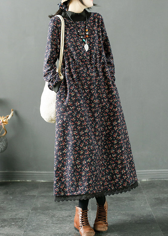 Navy Print Lace Up Patchwork Fleece Long Dress Winter
