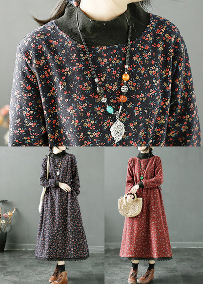 Navy Print Lace Up Patchwork Fleece Long Dress Winter