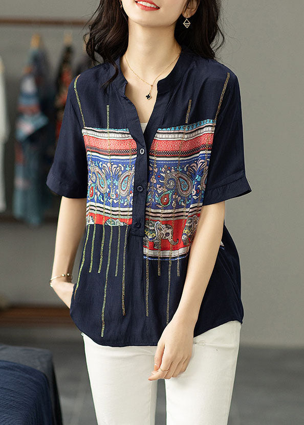 Navy Print Zircon Patchwork Cotton Shirt Tops Summer