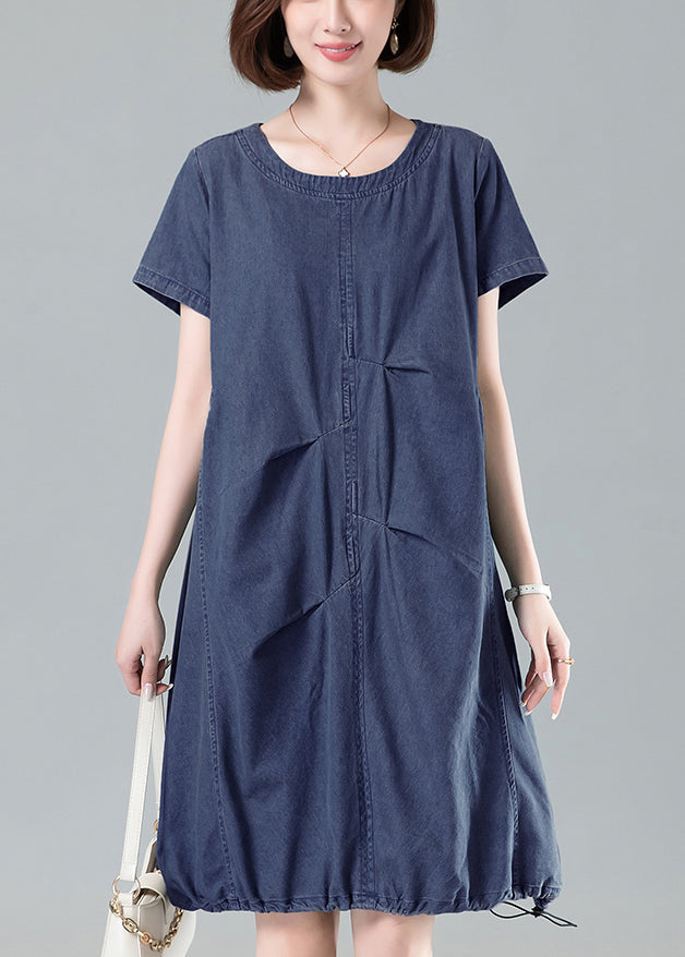 Navy Ruffled Drawstring Denim Dresses Summer