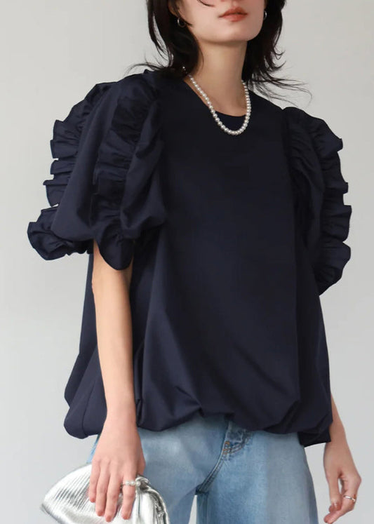 Navy Ruffled Oversized Cotton Tops Puff Sleeve