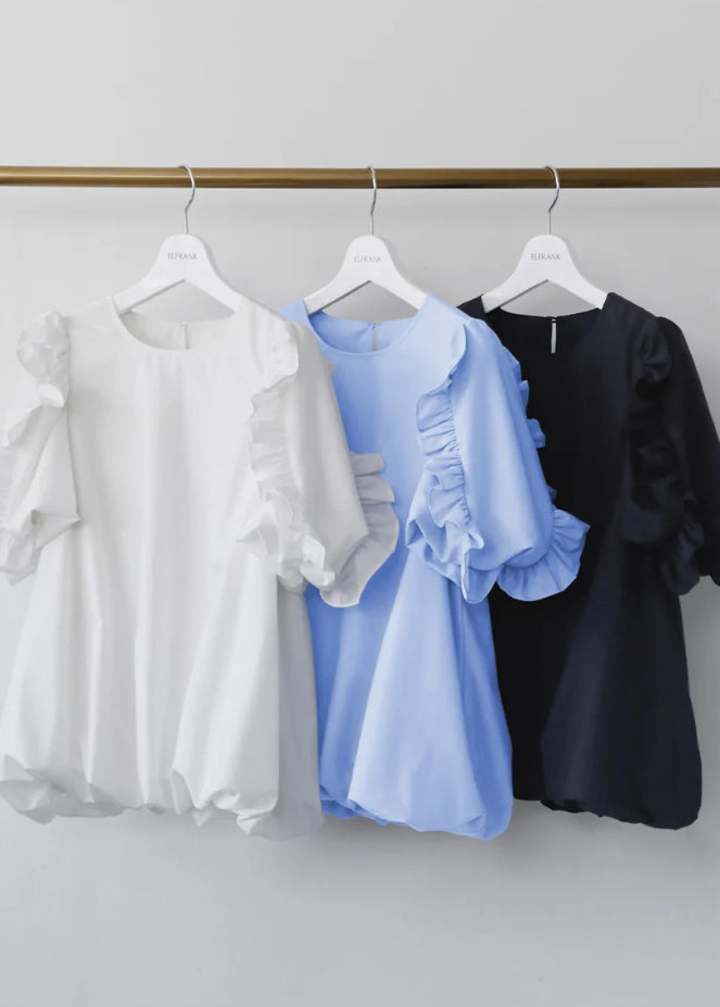 Navy Ruffled Oversized Cotton Tops Puff Sleeve