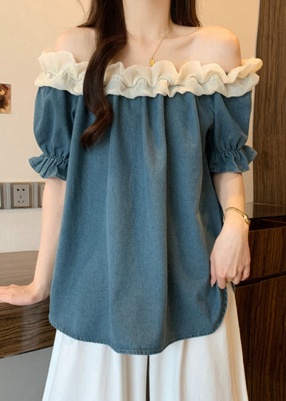 Navy Ruffled Patchwork Backless Tanks Summer