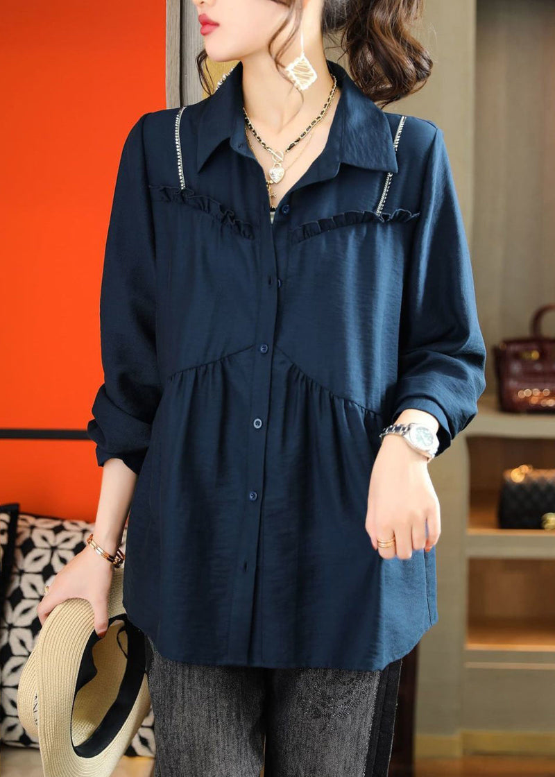 Navy Ruffled Patchwork Wrinkled Cotton Shirt Top Summer