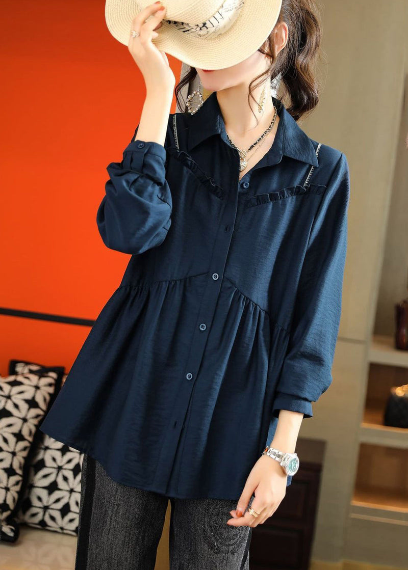 Navy Ruffled Patchwork Wrinkled Cotton Shirt Top Summer