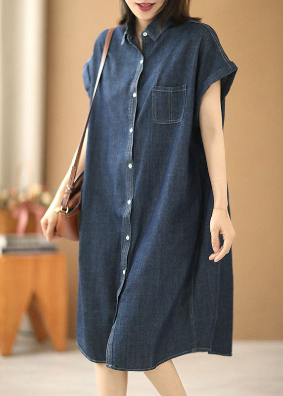 Navy Color Peter Pan Collar Button Cotton Denim Dresses Short Sleeve