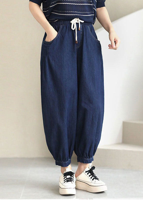 Navy Elastic Waist Drawstring Pockets Cotton Denim Beam Pants Summer