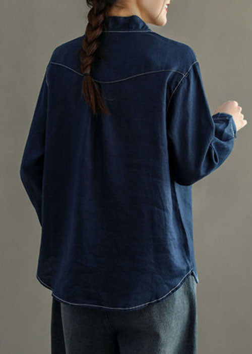 Women Navy Stand Collar Asymmetrical Patchwork Linen Shirt Top Long Sleeve