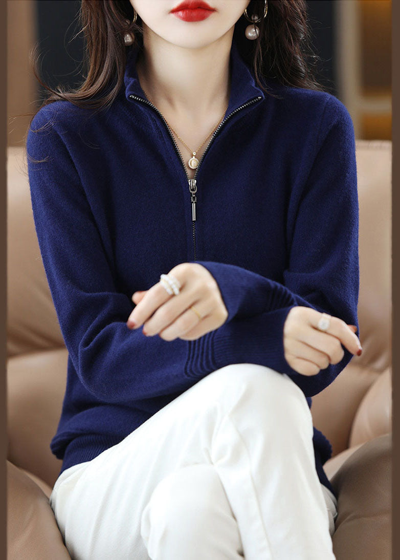 Navy Stand Collar Zip Up Thick Wool Knit Cardigan Spring
