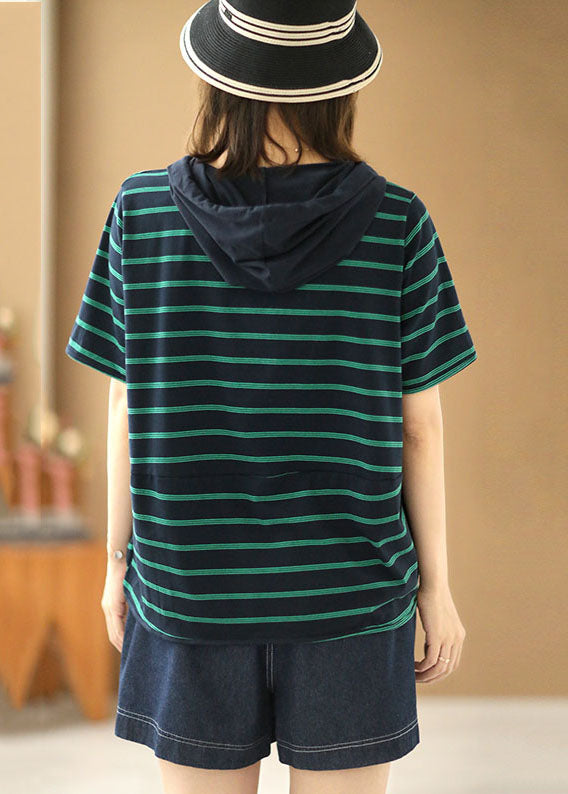 Navy Striped Drawstring Hooded Cotton Pullover Short Sleeve