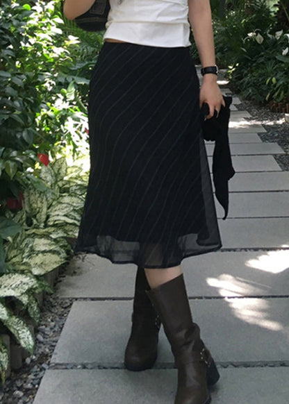 Navy Striped High Waist Patchwork Chiffon Skirt Summer