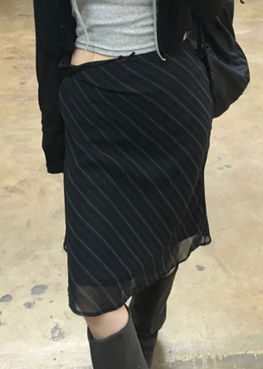 Navy Striped High Waist Patchwork Chiffon Skirt Summer