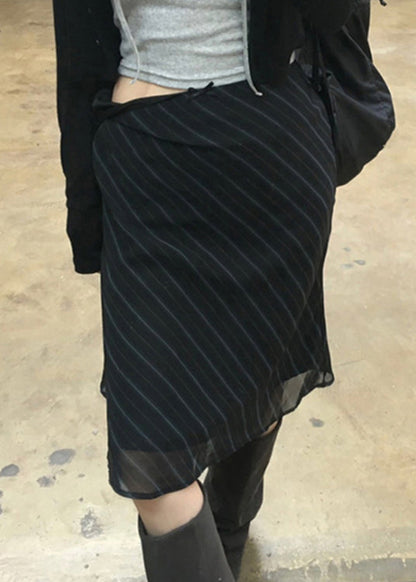 Navy Striped High Waist Patchwork Chiffon Skirt Summer