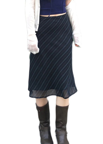 Navy Striped High Waist Patchwork Chiffon Skirt Summer