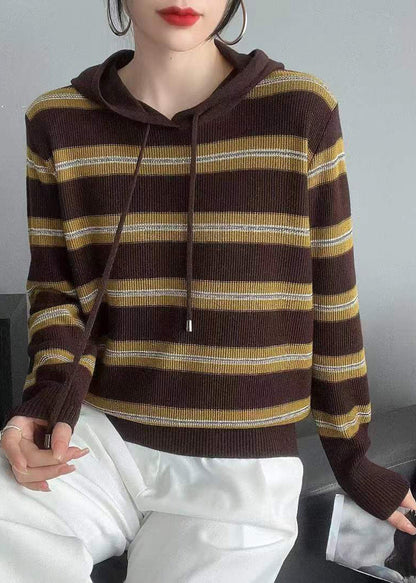 Navy Striped Hooded Patchwork Wool Knit Tops Fall