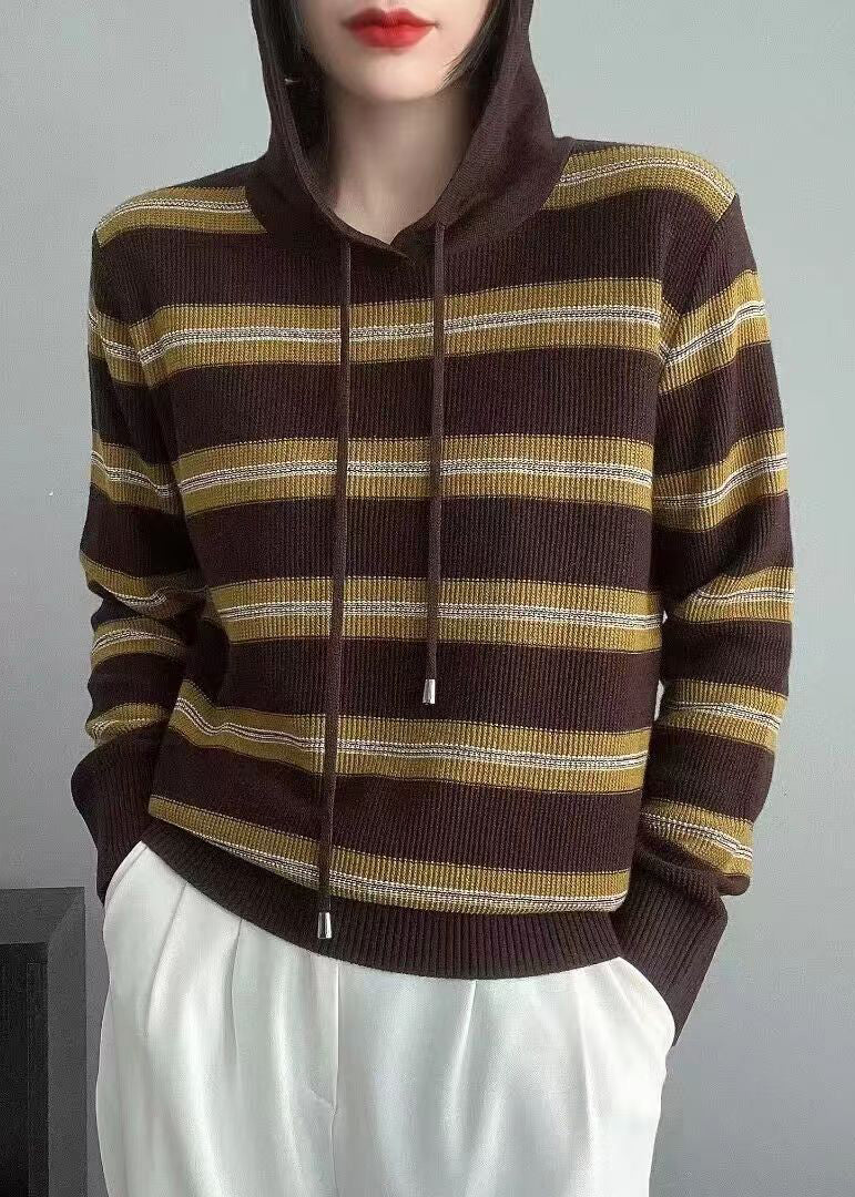 Navy Striped Hooded Patchwork Wool Knit Tops Fall