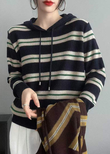 Navy Striped Hooded Patchwork Wool Knit Tops Fall
