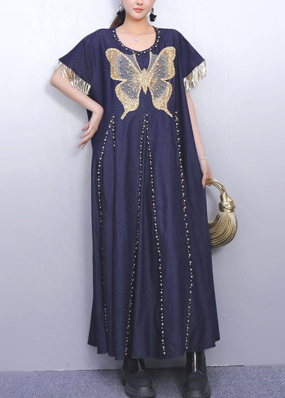 Navy Tasseled Butterfly Denim Vacation Dresses Summer