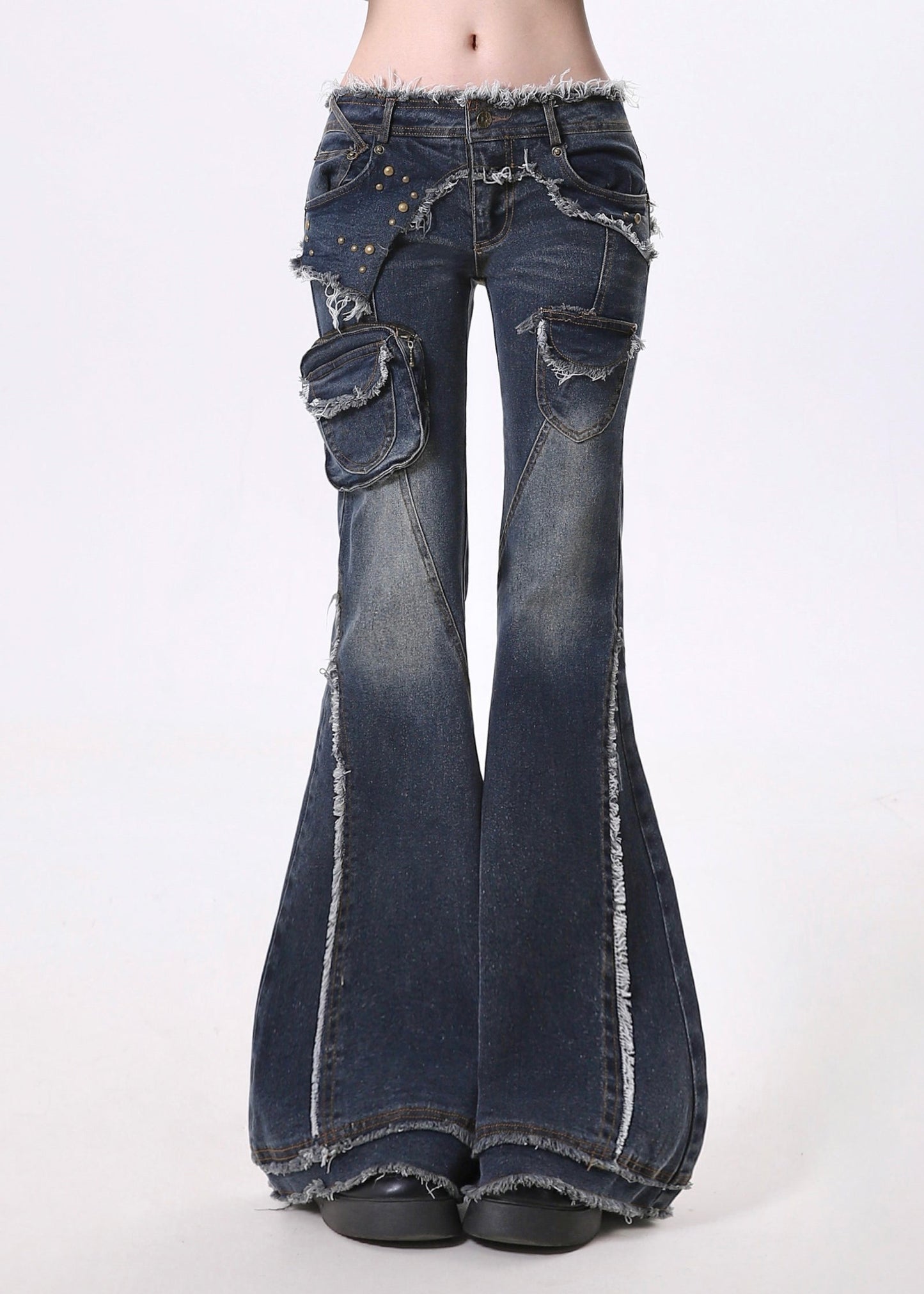 Navy Tasseled Patchwork Pockets Denim Flare Bottoms Pants Spring