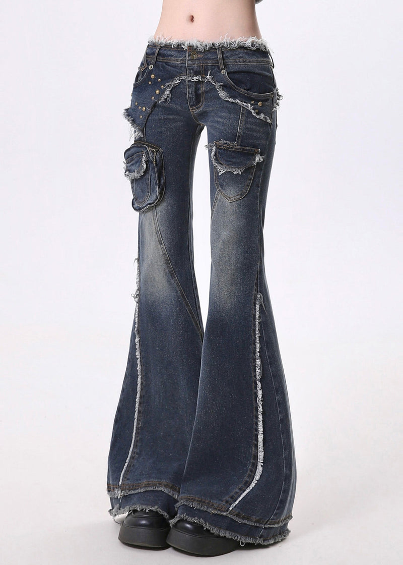 Navy Tasseled Patchwork Pockets Denim Flare Bottoms Pants Spring