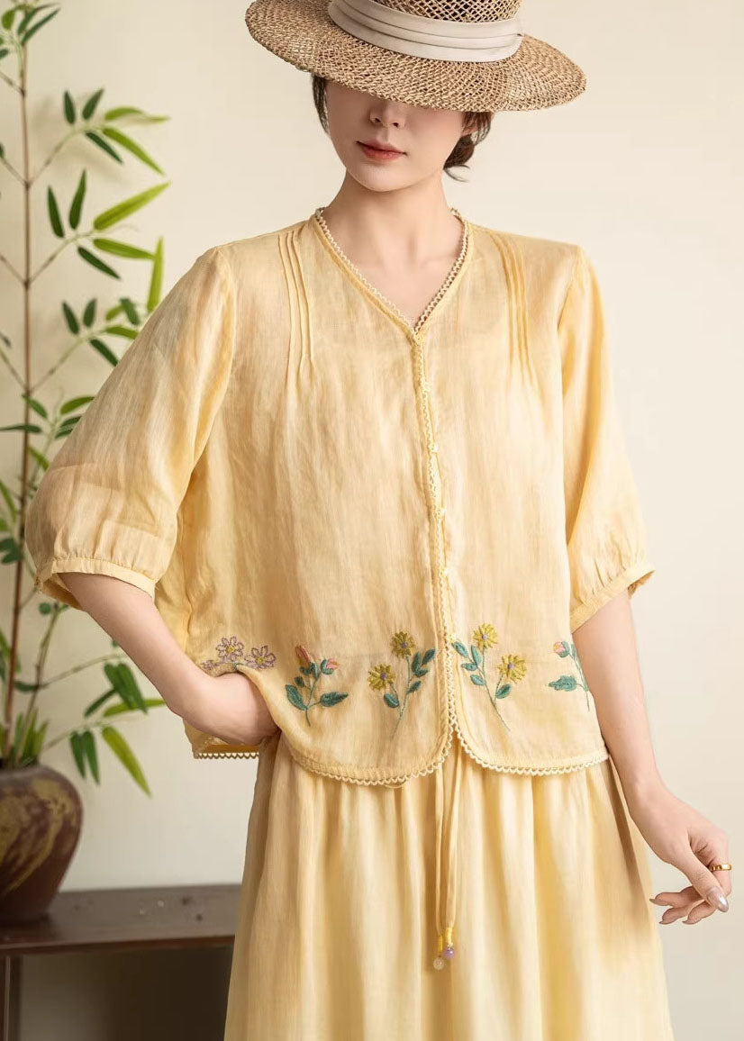 Navy V Neck Embroidered Linen Tops Summer