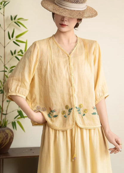 Navy V Neck Embroidered Linen Tops Summer