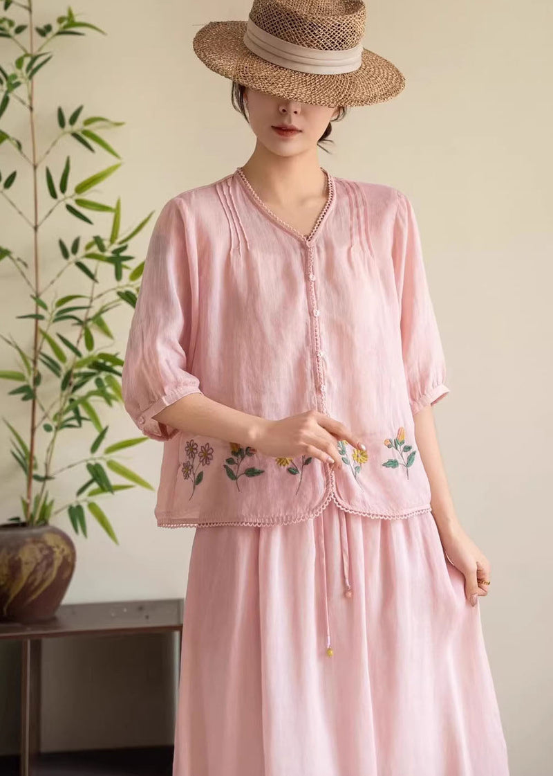 Navy V Neck Embroidered Linen Tops Summer