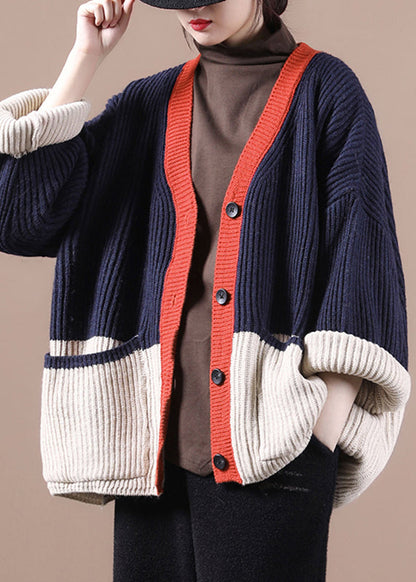 Navy V Neck Patchwork Button Thick Knit Sweaters Coats Fall