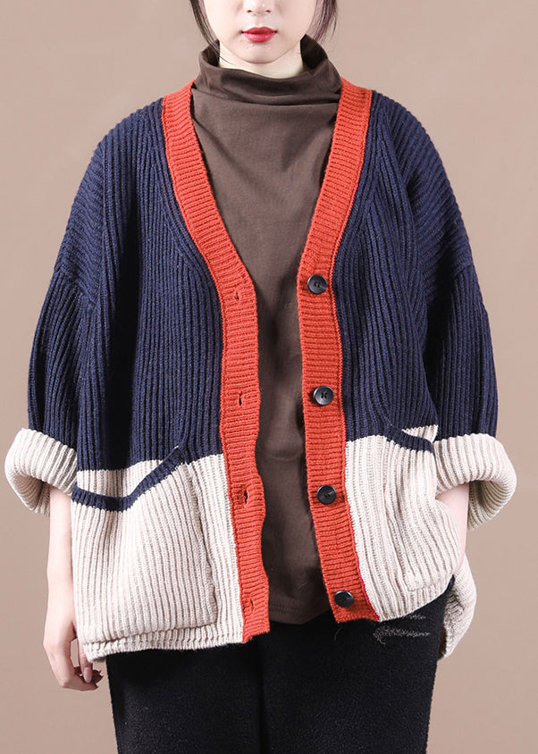 Navy V Neck Patchwork Button Thick Knit Sweaters Coats Fall