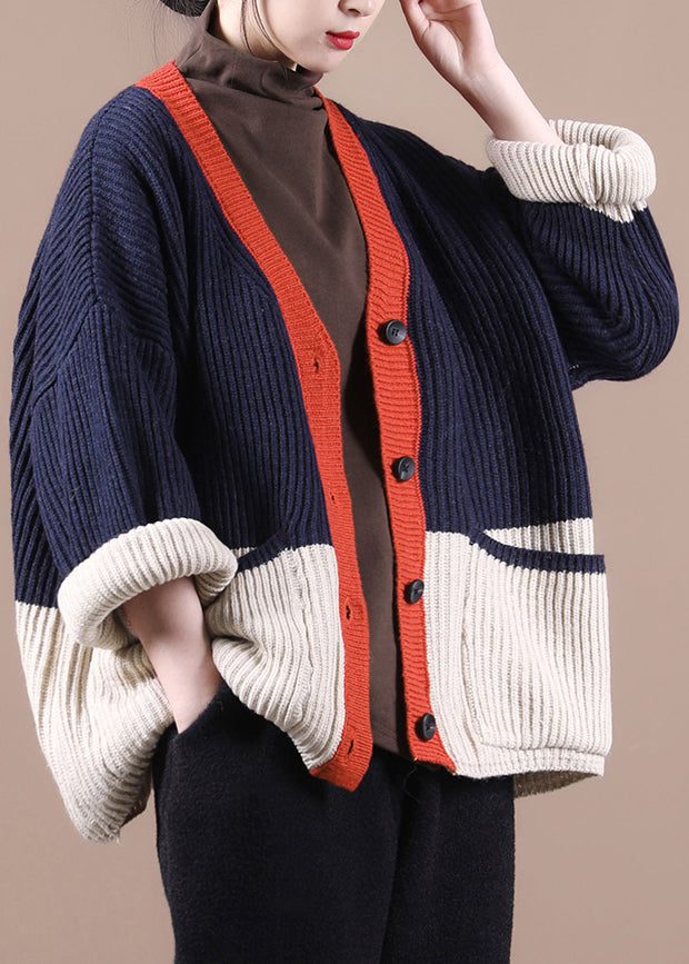 Navy V Neck Patchwork Button Thick Knit Sweaters Coats Fall