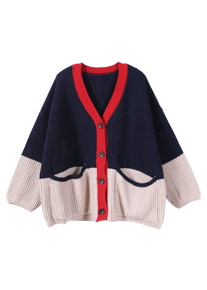 Navy V Neck Patchwork Button Thick Knit Sweaters Coats Fall